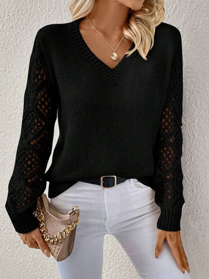 Elegant V-Neck Pullover Sweater – Hollow Long Sleeve Fashion Top for Women - All Inclusive Family Treasures