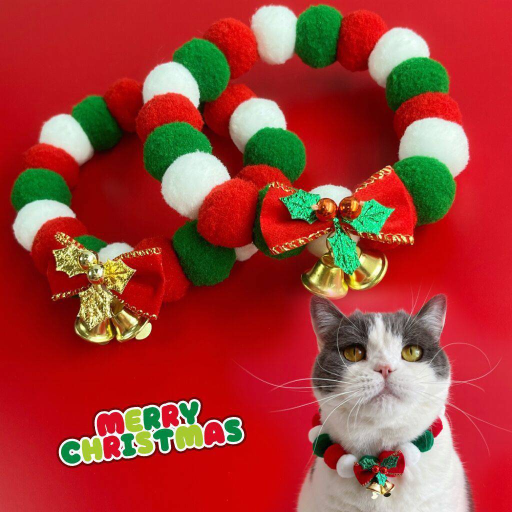 Christmas Cheer Pet Collar – Plush Ball Necklace with Bow for Dogs & Cats - All Inclusive Family Treasures