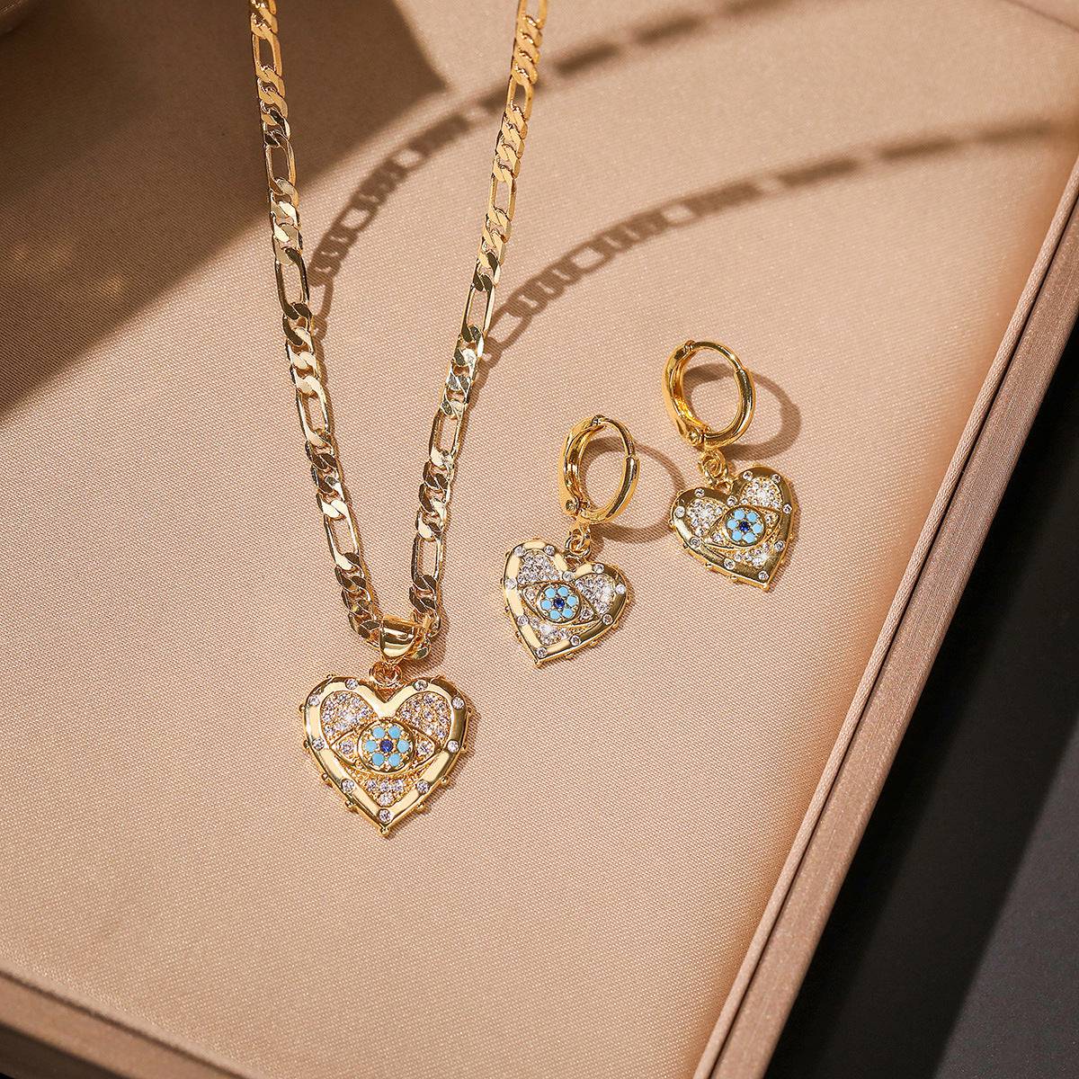 Heart-Shaped Zircon Pendant Necklace and Earrings Set – Copper Plated with Real Gold Finish for a Timeless, Elegant Look - All Inclusive Family Treasures