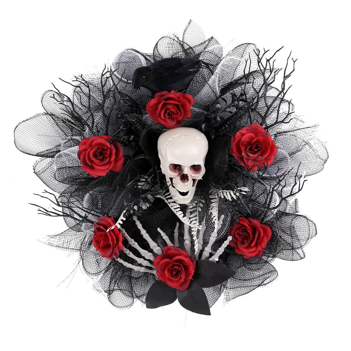 Elegant Halloween Red Rose & Skull Mesh Garland – Spooky-Chic Door Hanging Decoration for a Haunting Welcome - All Inclusive Family Treasures