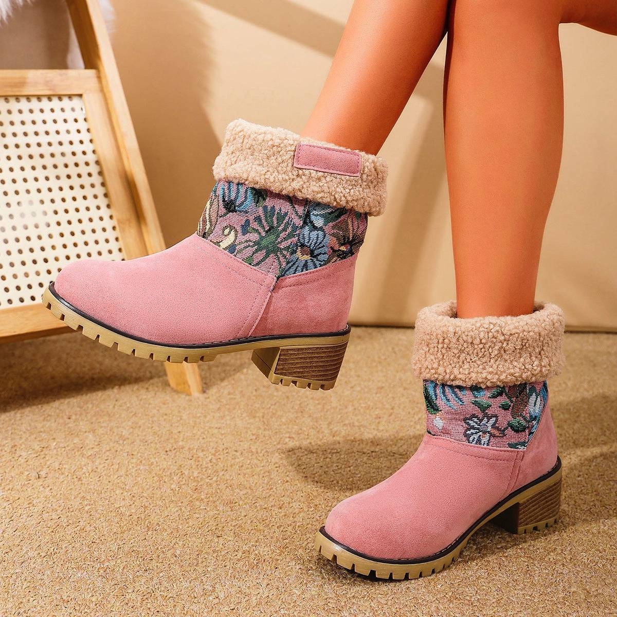 Floral Embroidered Winter Snow Boots – Ethnic Style with Warm Plush Lining - All Inclusive Family Treasures