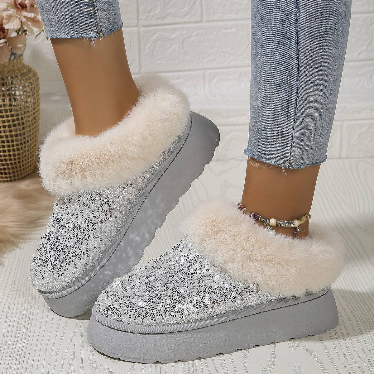 Glamour & Warmth: Fashion Sequined Plush Winter Slippers - All Inclusive Family Treasures