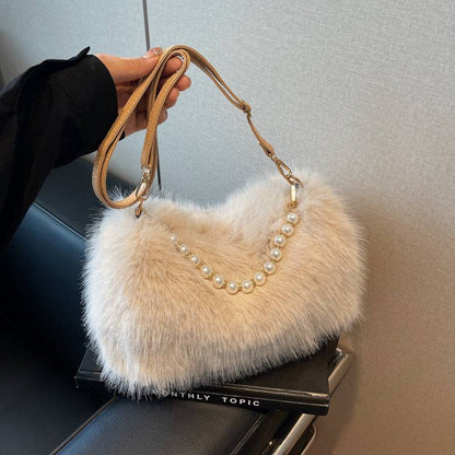 Plush Pearl Chain Shoulder Bag – Chic & Versatile for Autumn and Winter - All Inclusive Family Treasures