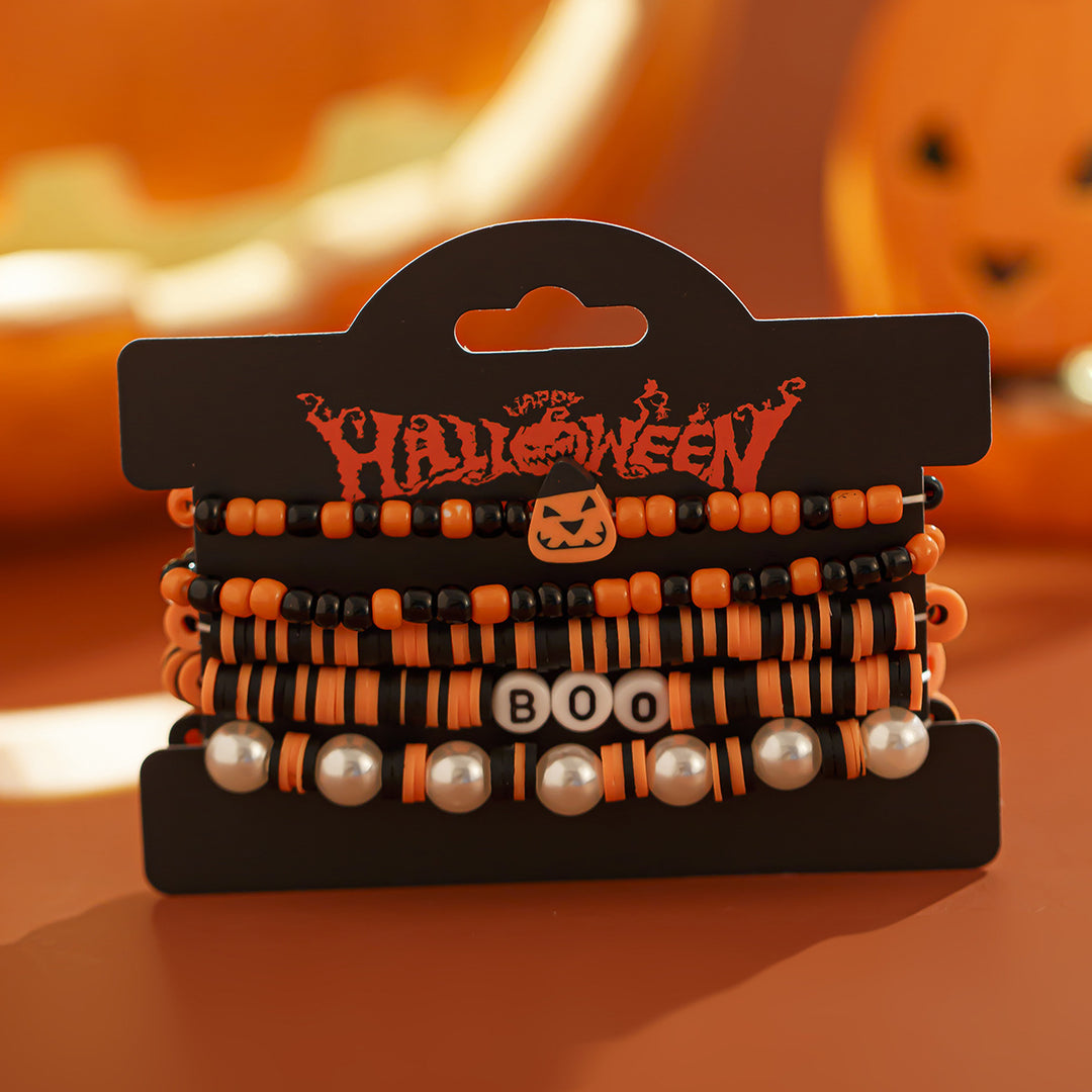 Halloween BOO & Spooky Bead Bracelet Set – 6-Piece Festive Stack