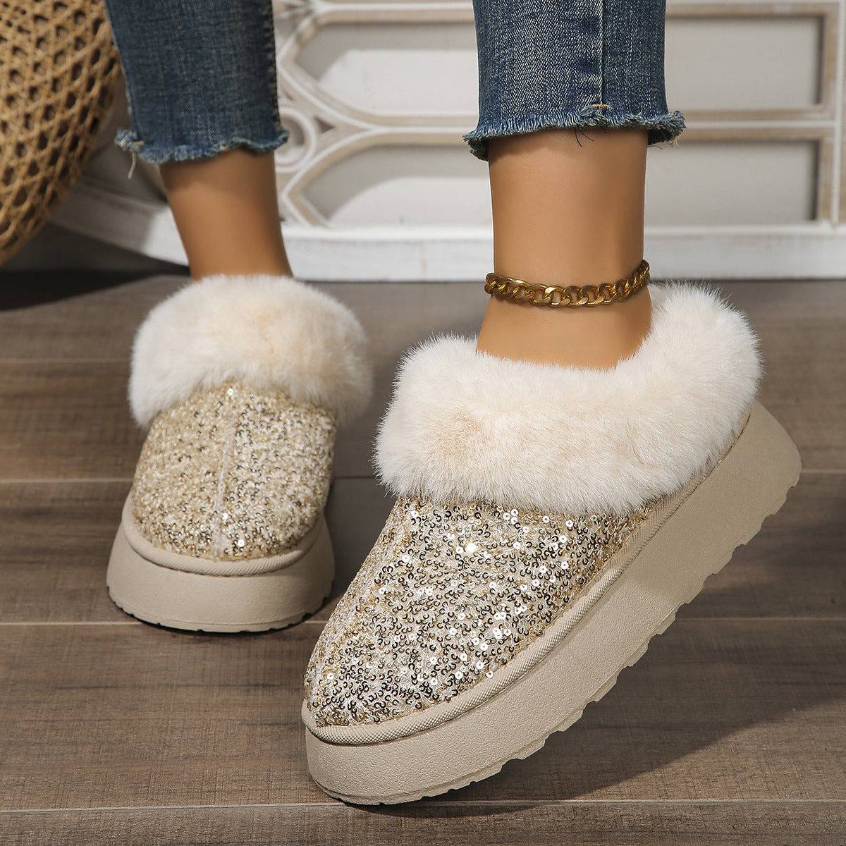 Glamour & Warmth: Fashion Sequined Plush Winter Slippers - All Inclusive Family Treasures