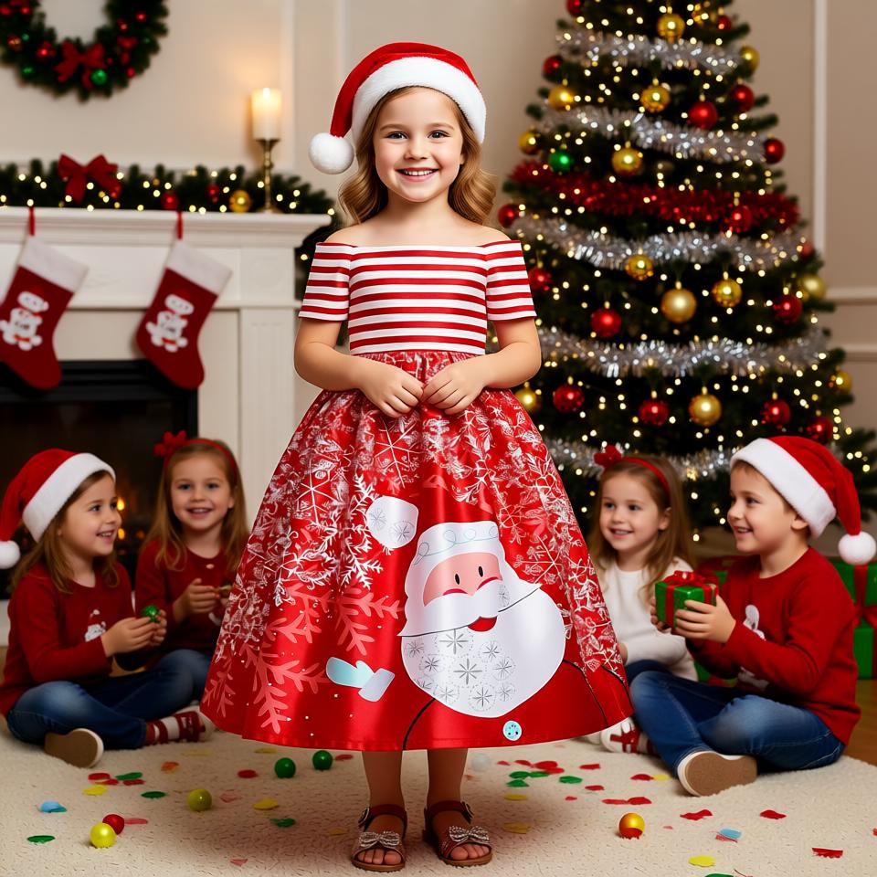 Santa Claus Print Long Dress for Girls - Holiday Charm in Every Detail