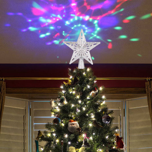 Glittering LED Christmas Tree Topper Star with Snowflake Projector – Magical Holiday Light Display - All Inclusive Family Treasures