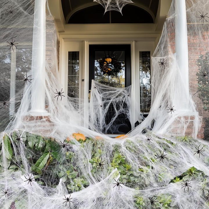 Realistic Halloween Spider Web with Creepy Crawling Spiders – Haunted House Décor