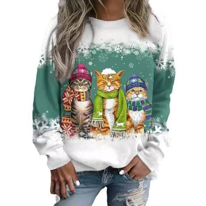 Cross-border Women's Christmas New Snowman And Cat Printed Long Sleeve Casual Loose-fitting T-shirt - All Inclusive Family Treasures