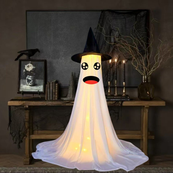 Glowing Ghost with Witch Hat – Spooky Halloween Yard & Porch Decoration