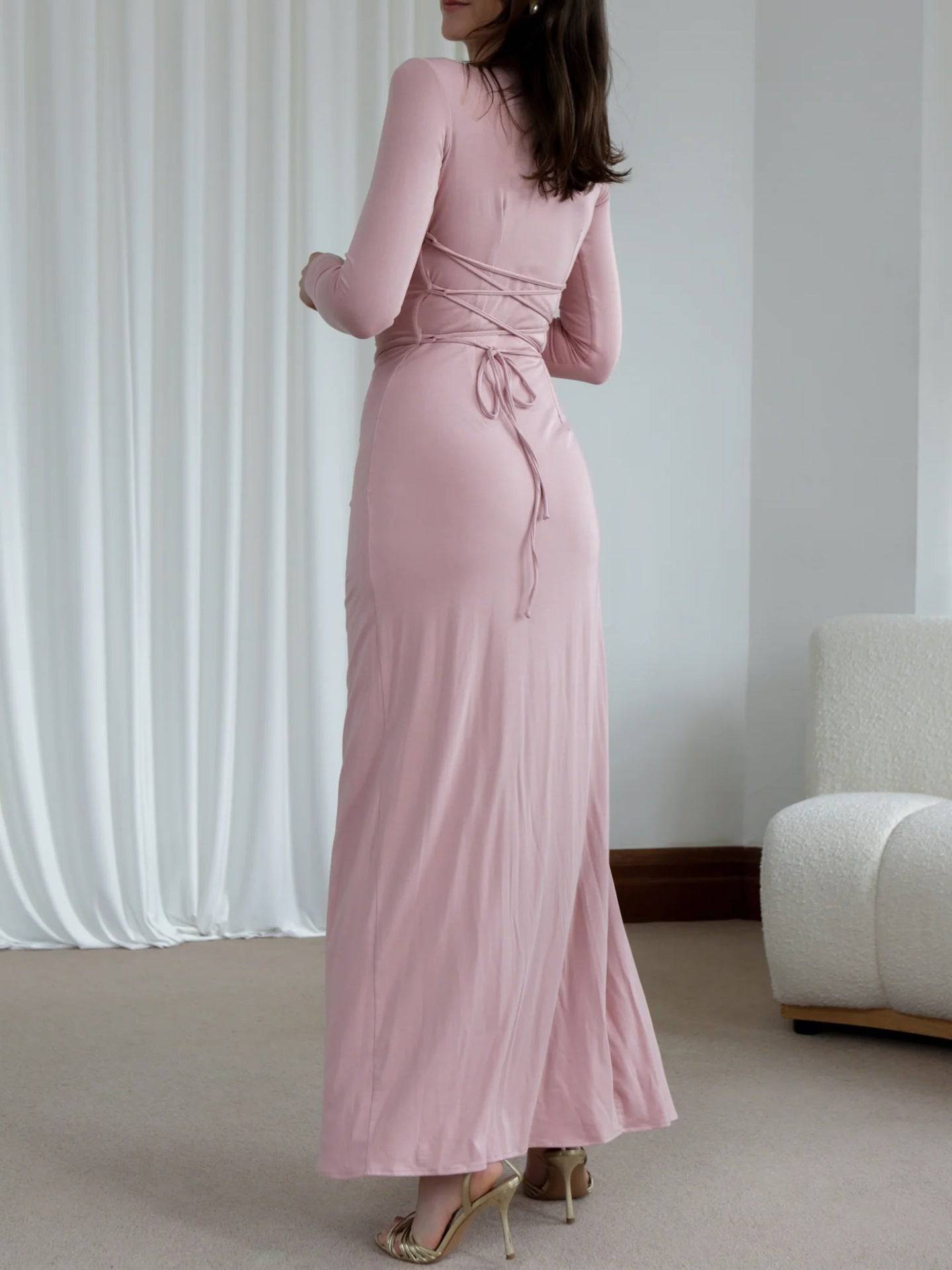 Asymmetric Elegance: Slim-Fitting Long-Sleeved Split Dress - All Inclusive Family Treasures