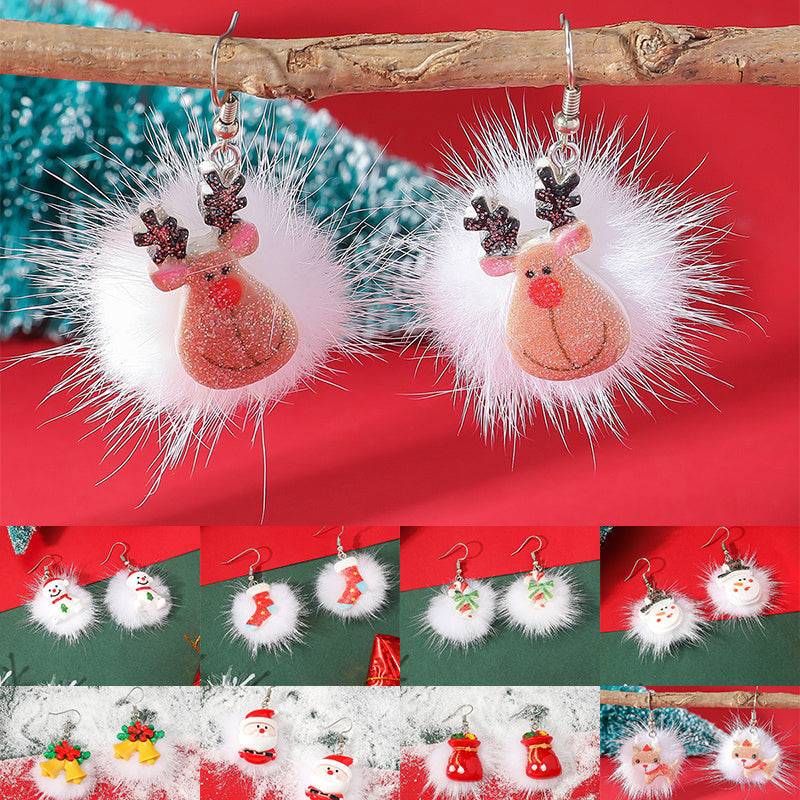 Winter Snowflake Hair Ball Earrings - Cute Christmas Santa & Snowman Designs - All Inclusive Family Treasures