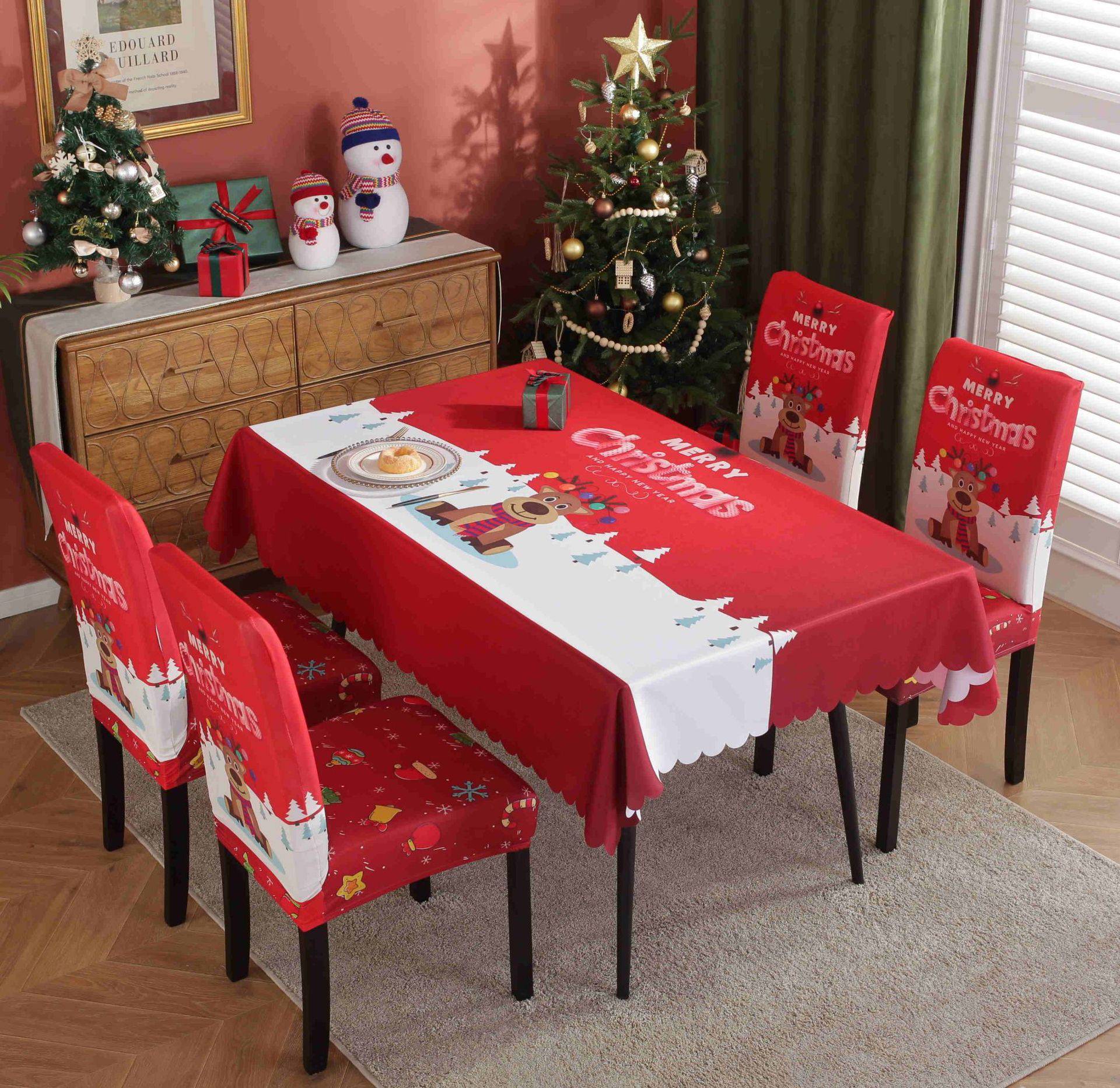 Festive Waterproof & Oil-Proof Christmas Tablecloth Set – Elegant Holiday Dining Decor with Chair Covers - All Inclusive Family Treasures