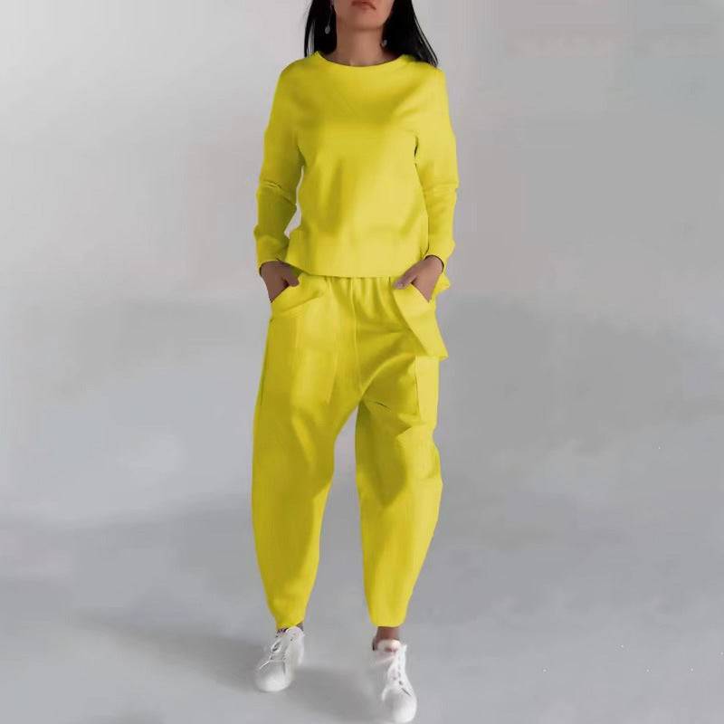 Solid Color Fashion Sweatshirt & Loose Trousers Set – Women's Long Sleeve Back Slit Top with Pockets - All Inclusive Family Treasures