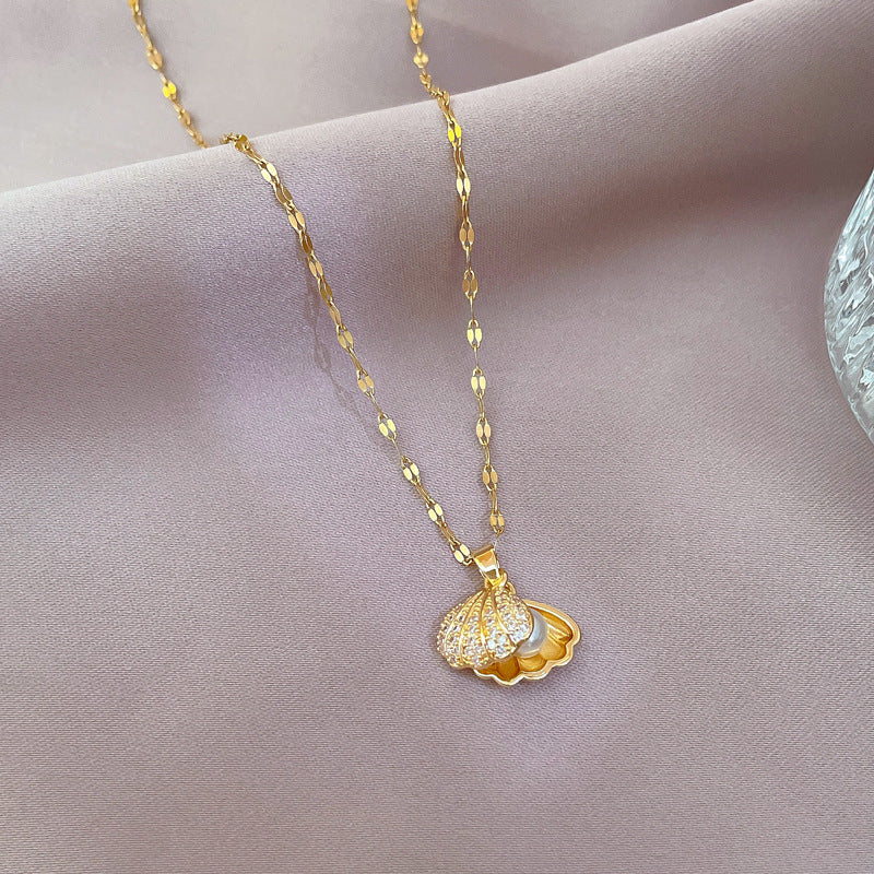 Golden Whisper Shell Pearl Pendant Necklace