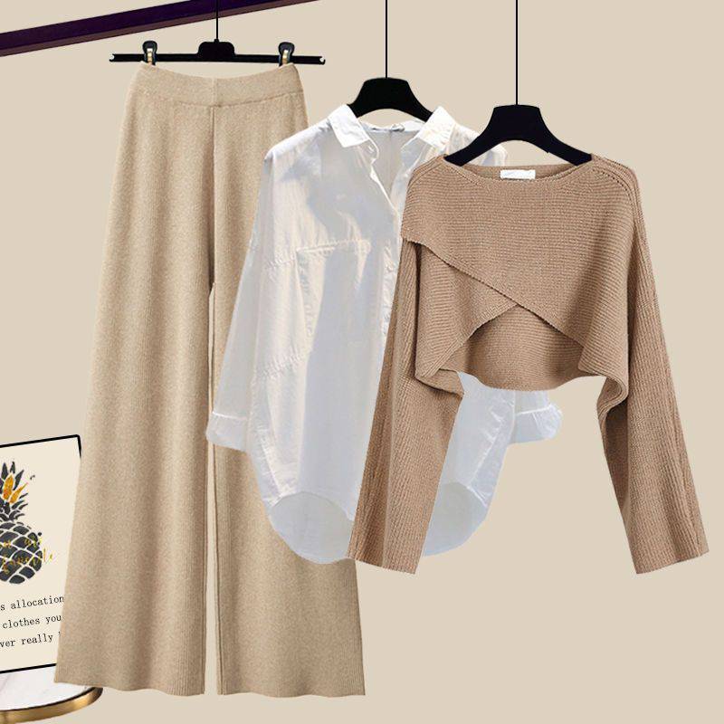 Chic 3-Piece Knitted Sweater Set with Shirt & Wide-Leg Pants - Perfect for Fall & Winter - All Inclusive Family Treasures