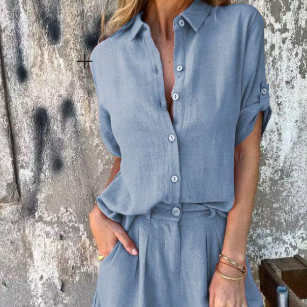 Effortless Elegance: 2-Piece Button-Up Shirt & Shorts Set