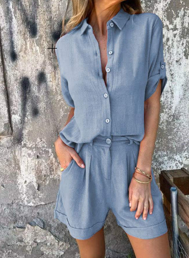 Effortless Elegance: 2-Piece Button-Up Shirt & Shorts Set