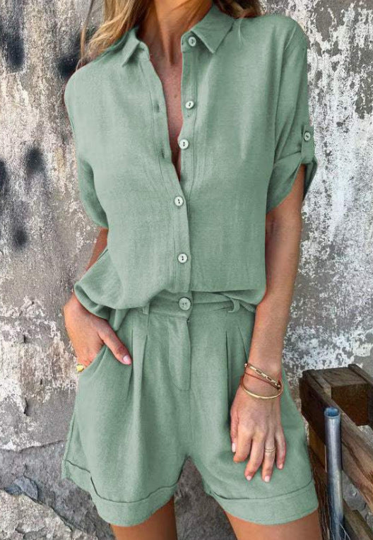 Effortless Elegance: 2-Piece Button-Up Shirt & Shorts Set