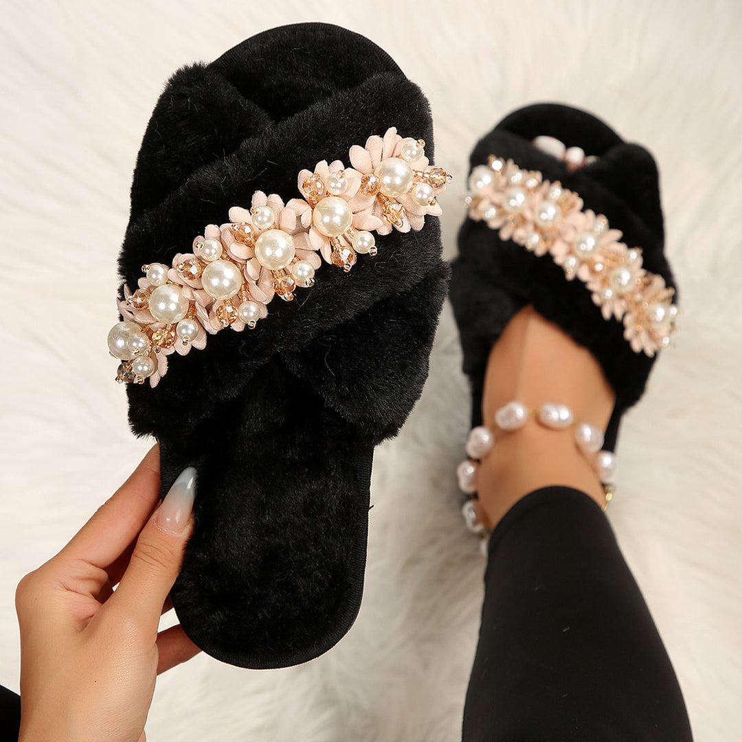 Luxe Pearl Plush Slippers – Where Comfort Meets Couture
