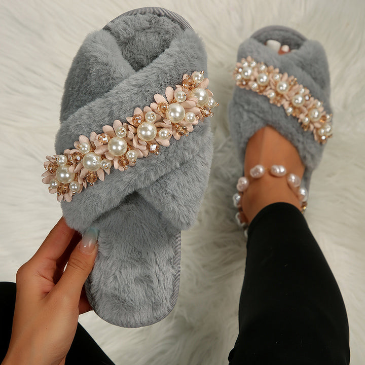 Luxe Pearl Plush Slippers – Where Comfort Meets Couture