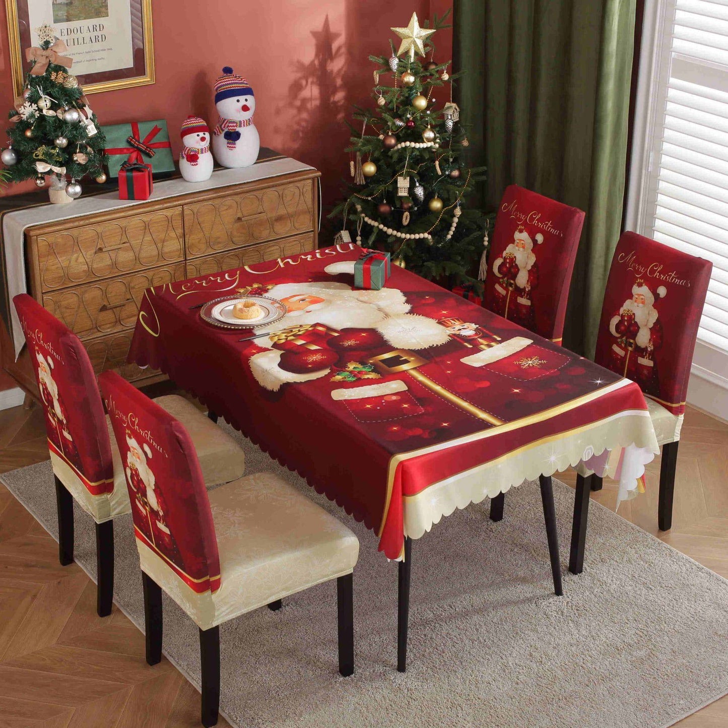 Festive Waterproof & Oil-Proof Christmas Tablecloth Set – Elegant Holiday Dining Decor with Chair Covers - All Inclusive Family Treasures