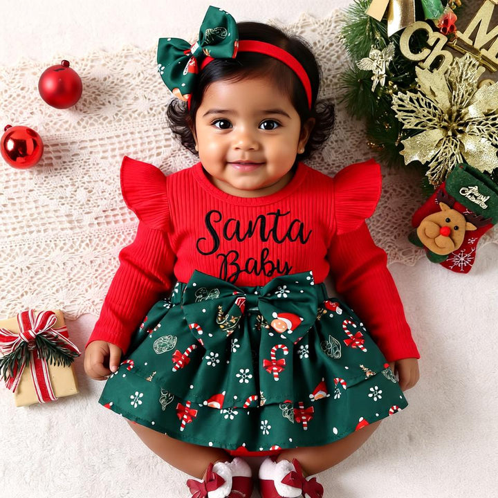 Baby Girls' Santa Baby Romper with Festive Skirt and Bow Headband - Adorable Christmas Outfit