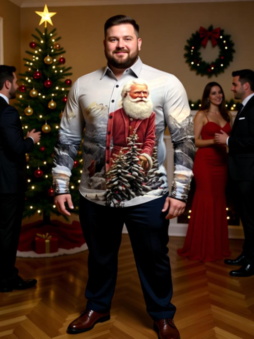 Santa Claus 3D Printed Christmas Shirt - Festive Digital Print Long Sleeve