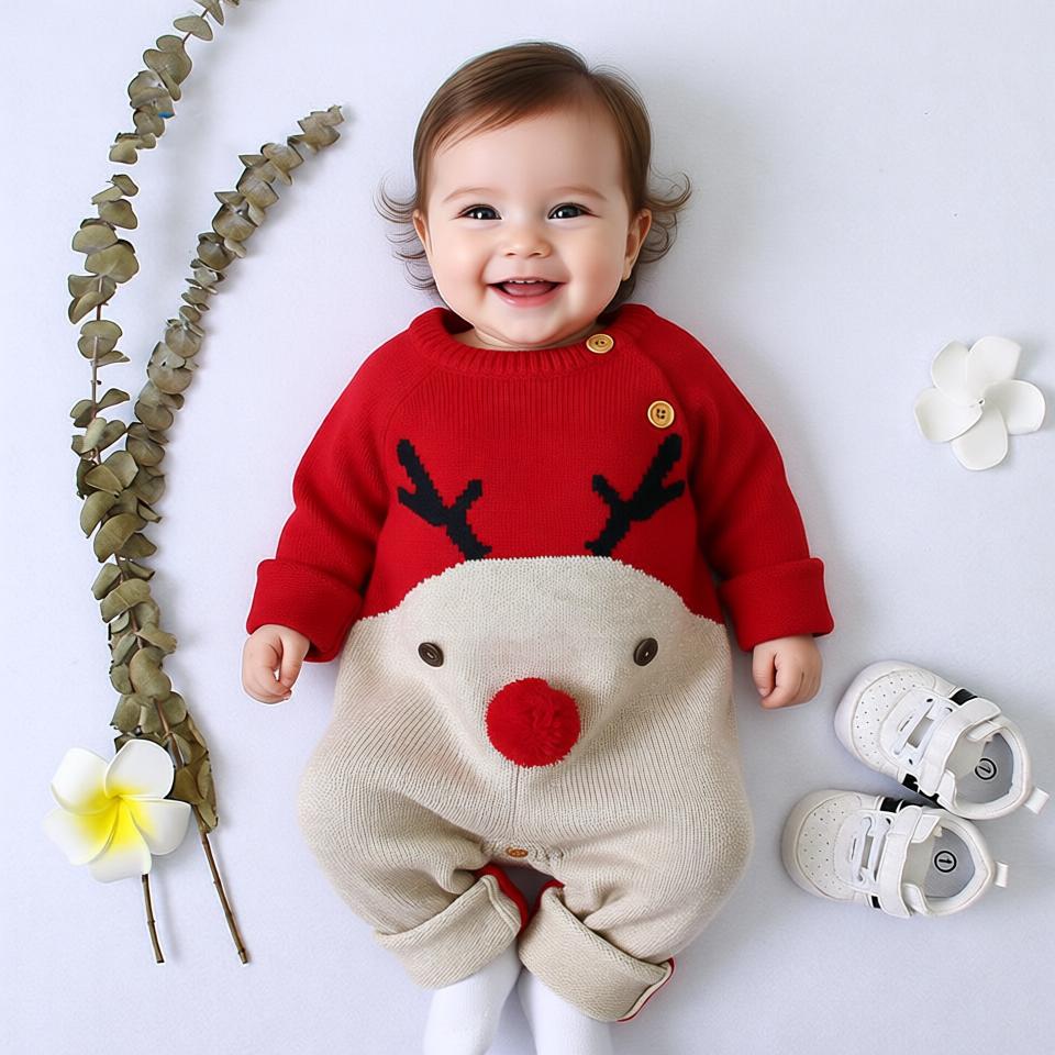 Adorable Knitted Reindeer Christmas Romper – Cozy & Festive for Little Ones!