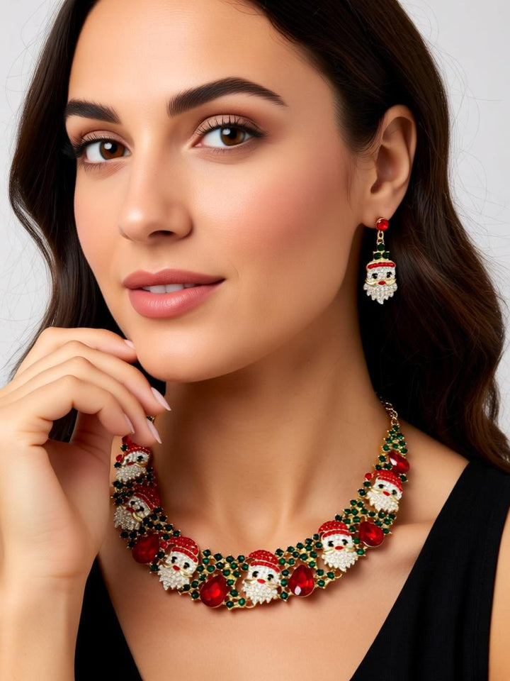 Festive Santa Claus Rhinestone Jewelry Set - Christmas Necklace and Earrings for Holiday Glam