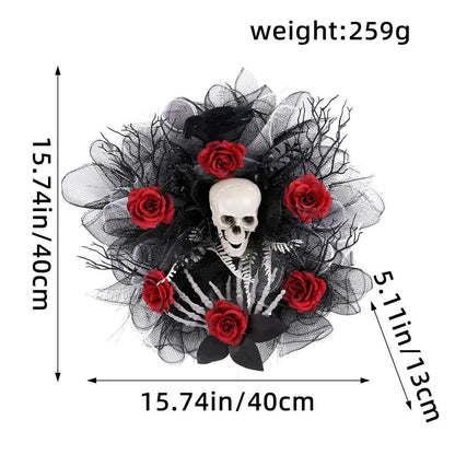 Elegant Halloween Red Rose & Skull Mesh Garland – Spooky-Chic Door Hanging Decoration for a Haunting Welcome - All Inclusive Family Treasures