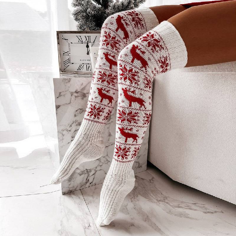 Elk & Snowflake Knitted Over-the-Knee Socks – Stay Warm in Style! - All Inclusive Family Treasures