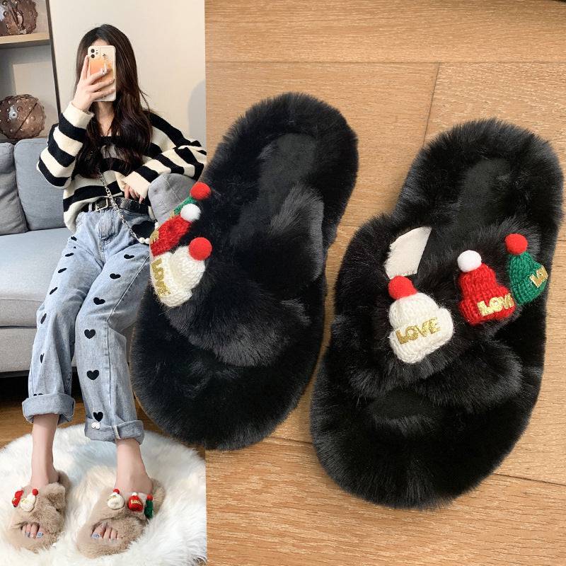 Christmas Fluffy Slippers for Women – Cozy Holiday-Themed Indoor Slippers with Cute Hat Charms - All Inclusive Family Treasures