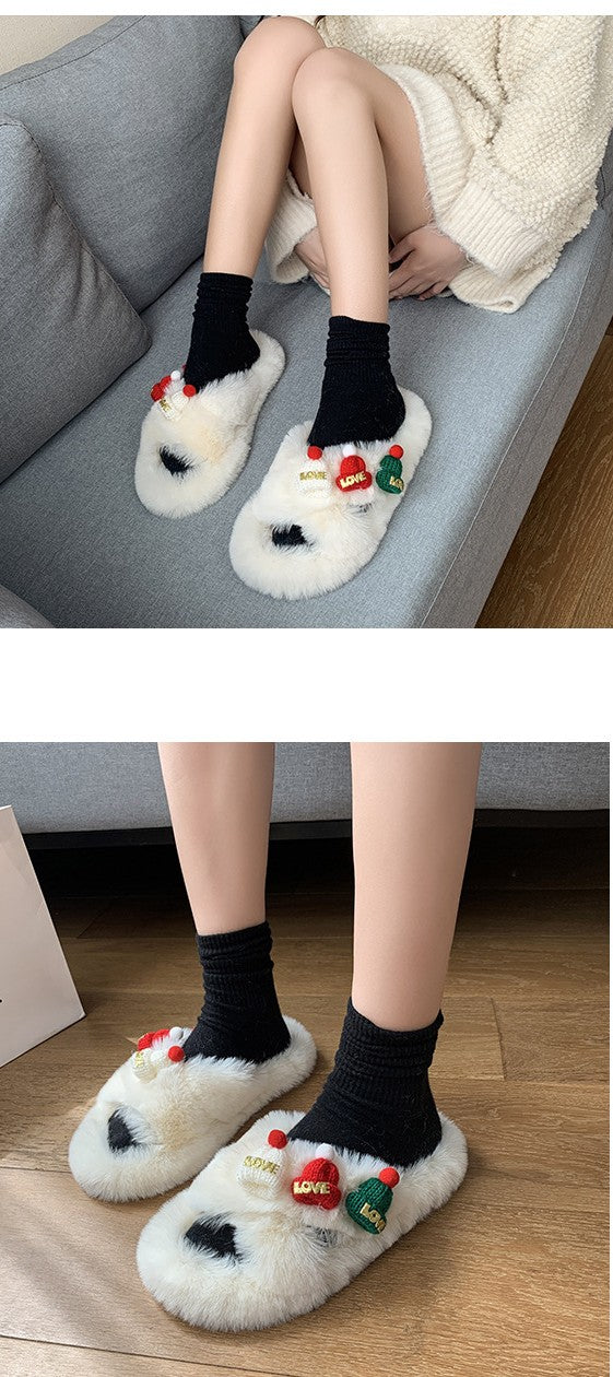 Christmas Fluffy Slippers for Women – Cozy Holiday-Themed Indoor Slippers with Cute Hat Charms - All Inclusive Family Treasures