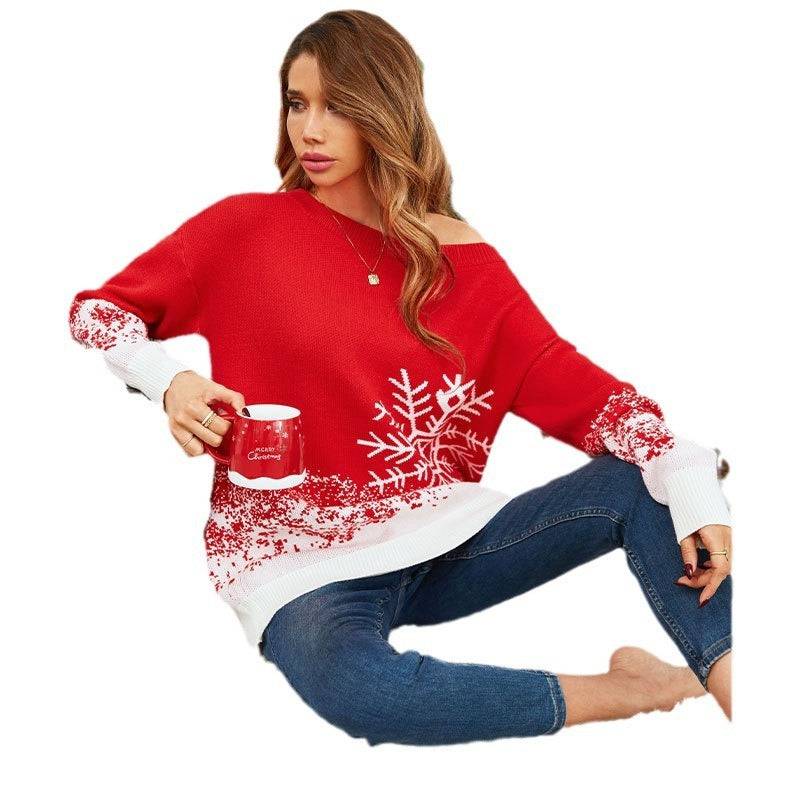 Chic Snowflake Off-Shoulder Christmas Sweater – Embrace Cozy Elegance! - All Inclusive Family Treasures