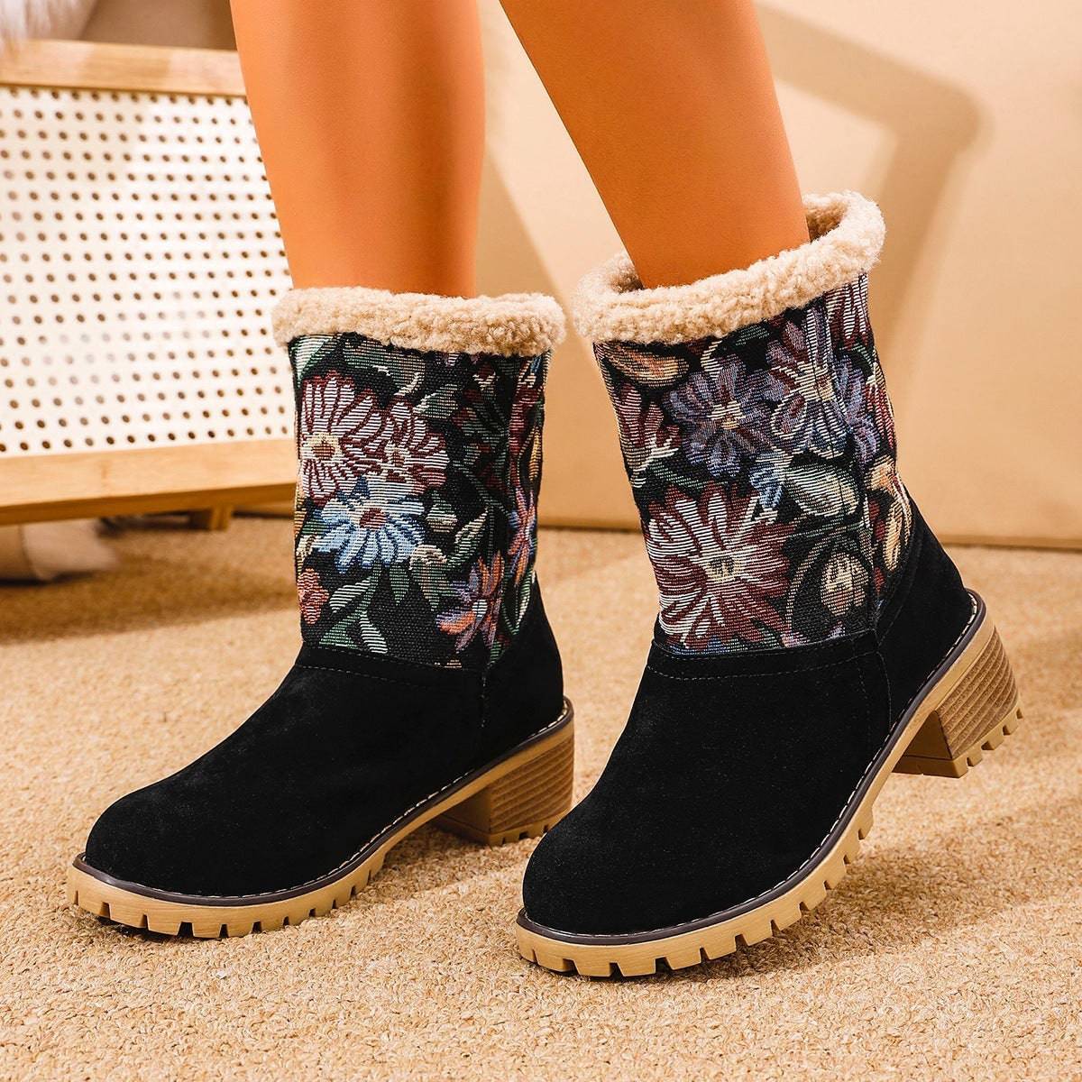 Floral Embroidered Winter Snow Boots – Ethnic Style with Warm Plush Lining - All Inclusive Family Treasures