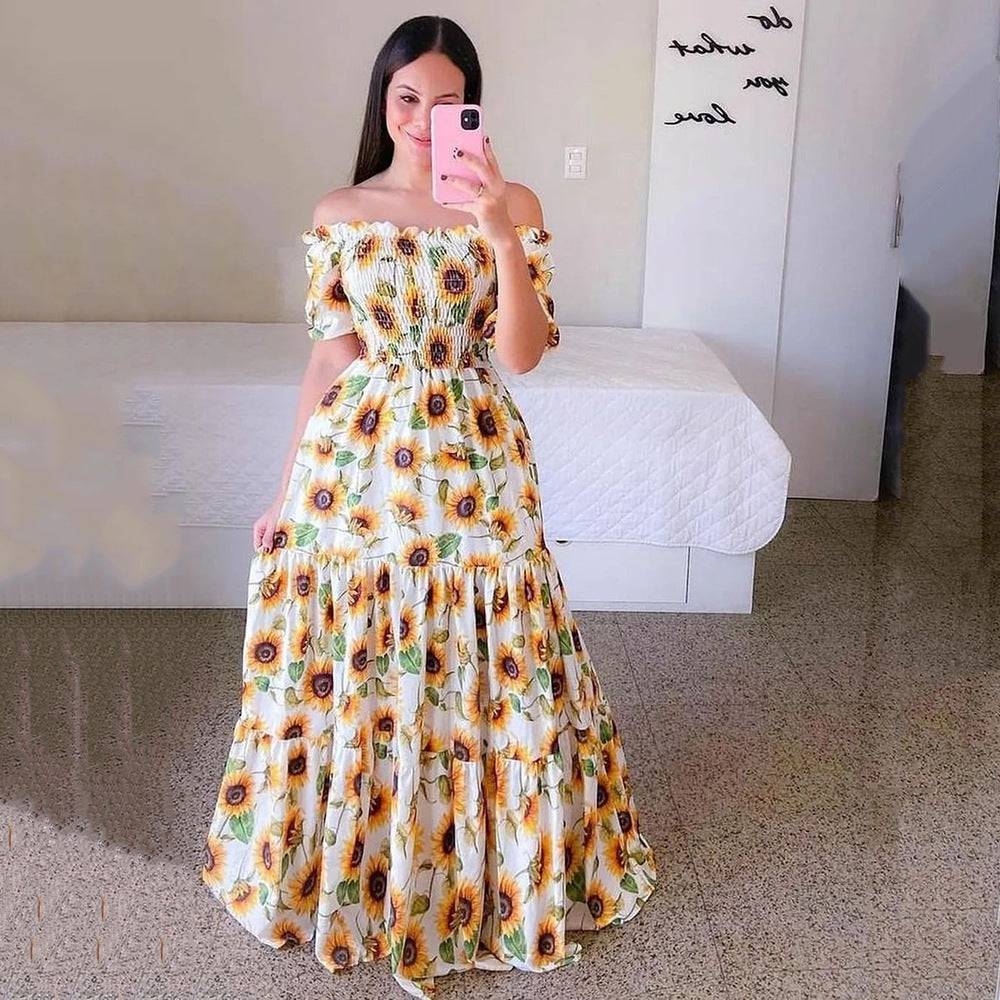 Women's Off-Shoulder Long Dress – Elegant Floral Design for Every Occasion - All Inclusive Family Treasures