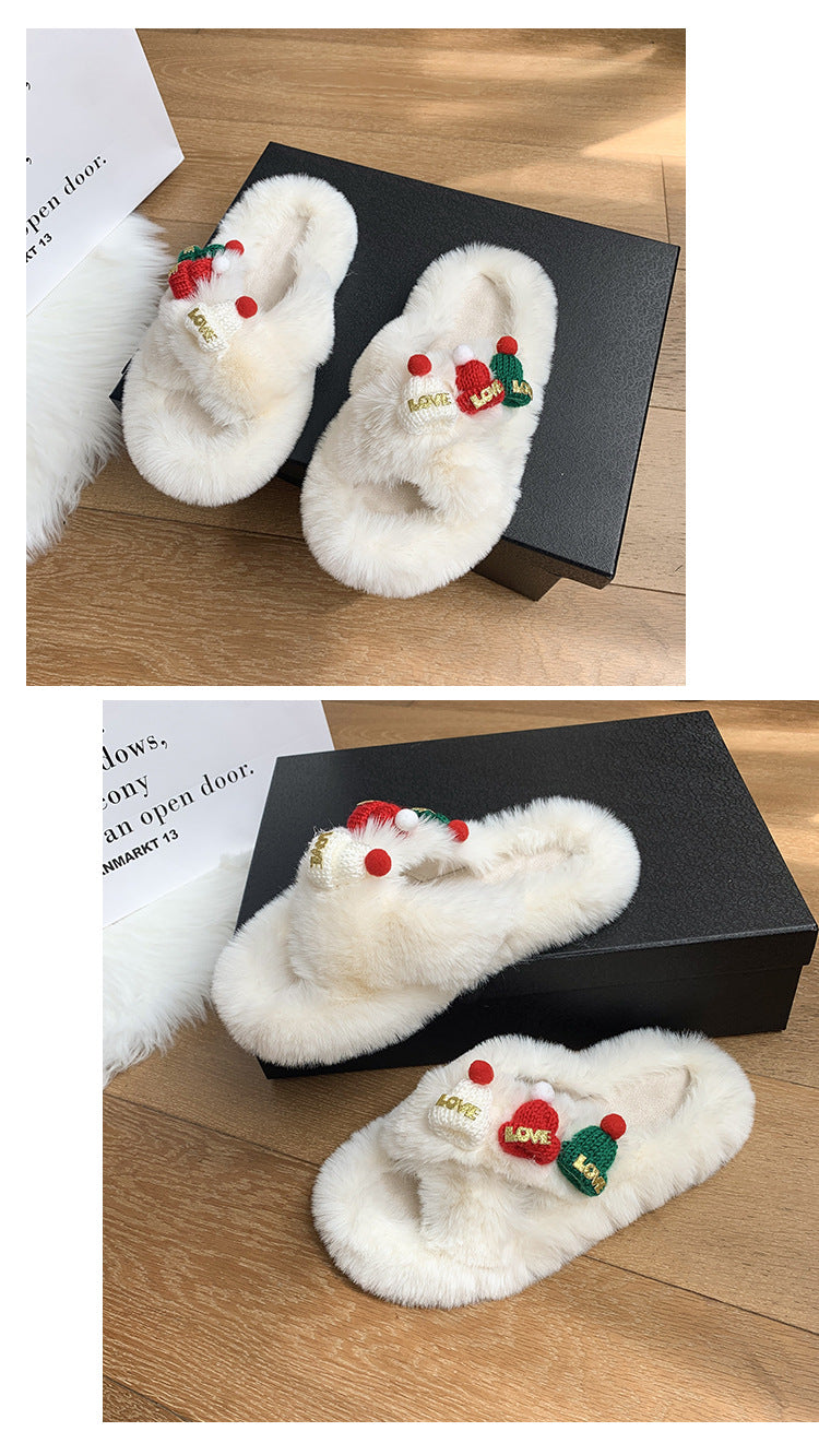Christmas Fluffy Slippers for Women – Cozy Holiday-Themed Indoor Slippers with Cute Hat Charms - All Inclusive Family Treasures