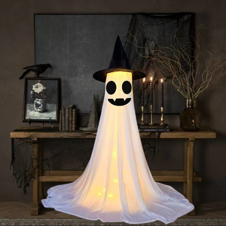 Glowing Ghost with Witch Hat – Spooky Halloween Yard & Porch Decoration