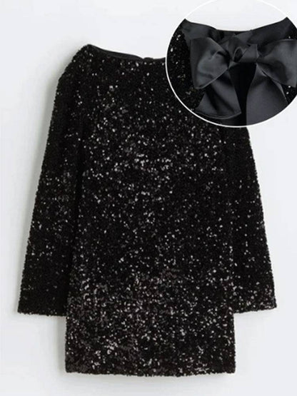 Stunning Sequined Back-Bowed Dress – Elegant Long-Sleeve Party Outfit - All Inclusive Family Treasures