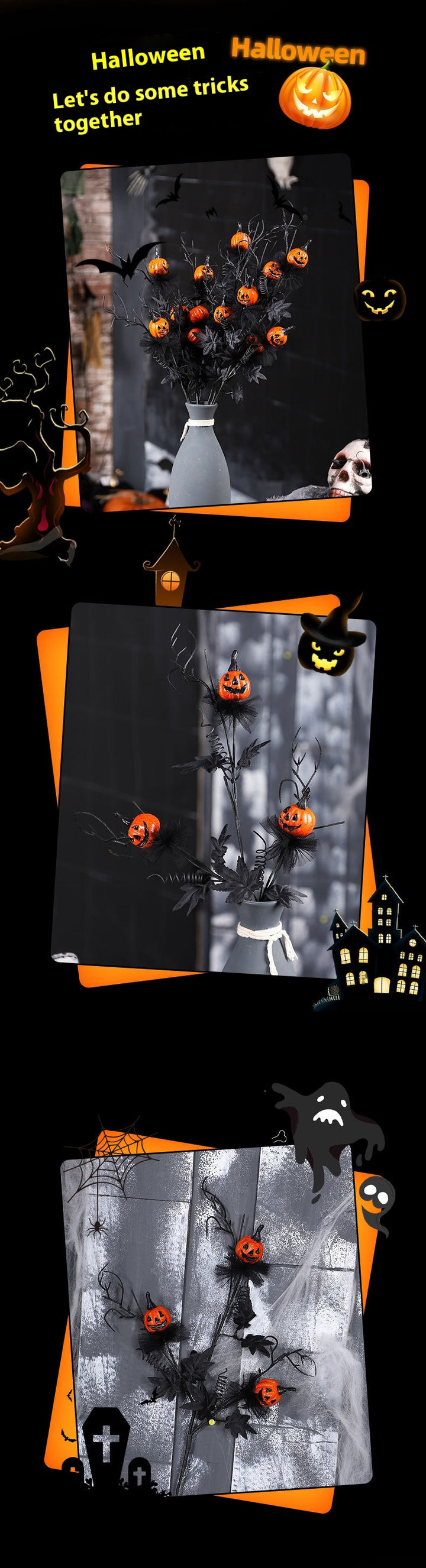 Spooky Black Pumpkin Twig Bouquet – Haunted Halloween Décor