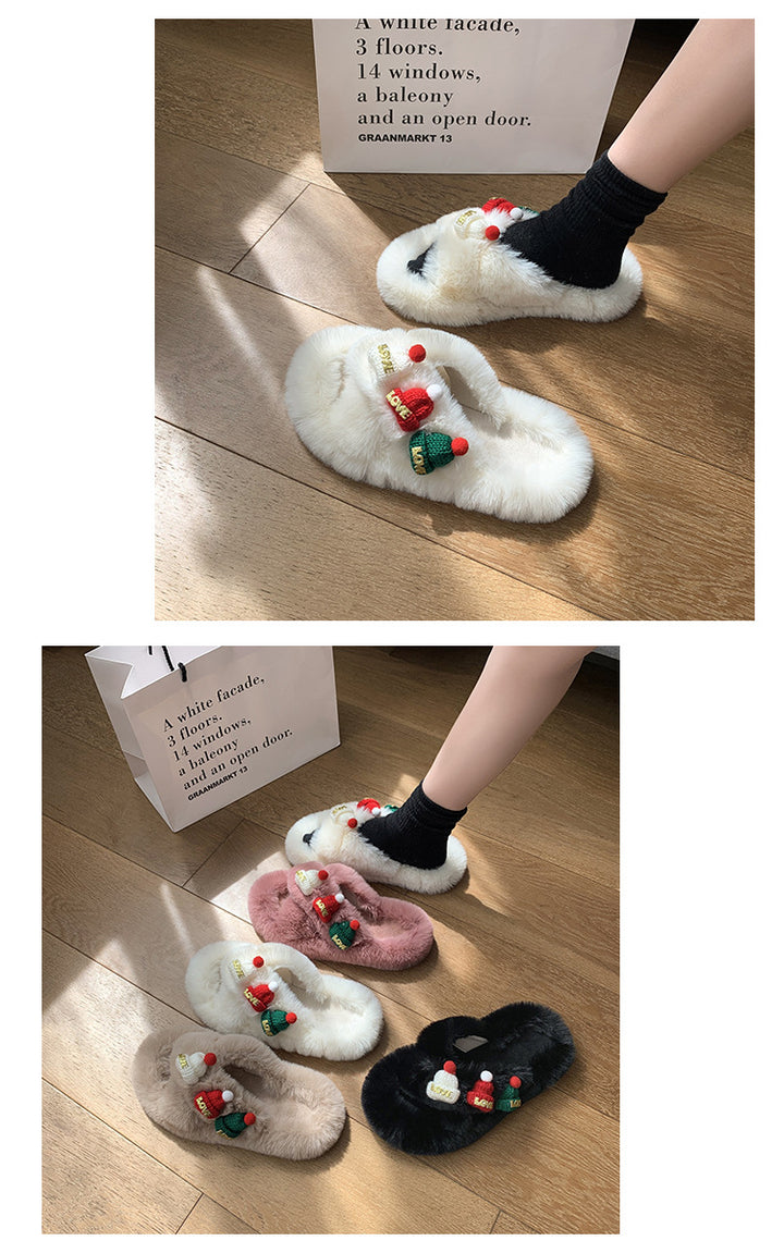 Christmas Fluffy Slippers for Women – Cozy Holiday-Themed Indoor Slippers with Cute Hat Charms - All Inclusive Family Treasures