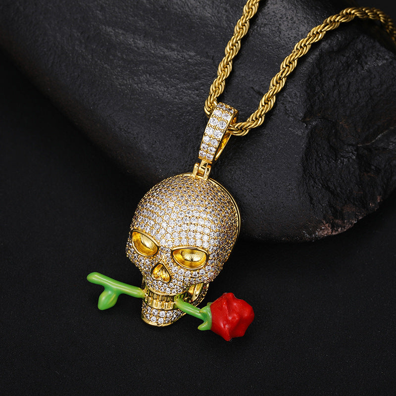 Luminous Skull Pendant with Rose – Statement Glow Necklace