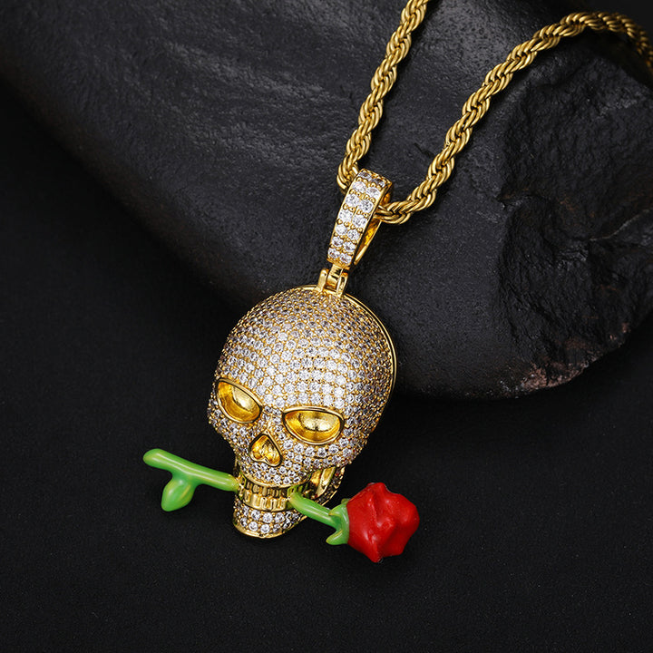 Luminous Skull Pendant with Rose – Statement Glow Necklace