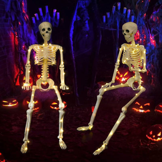 Glow-in-the-Dark Stand-able Hanging Skeleton – The Ultimate 90cm Halloween Décor with Warm Lights - All Inclusive Family Treasures