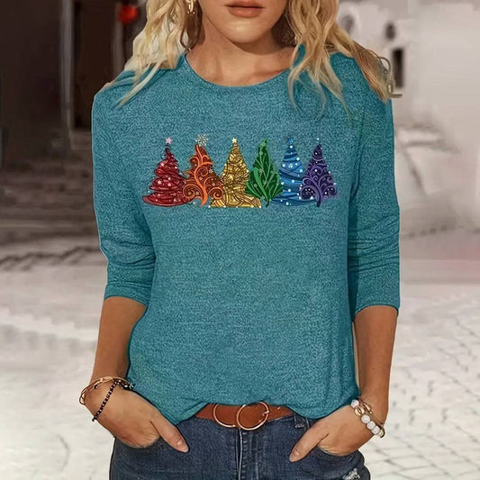 Festive Elegance: Women’s Christmas Tree Printed Long-Sleeve T-Shirt - All Inclusive Family Treasures