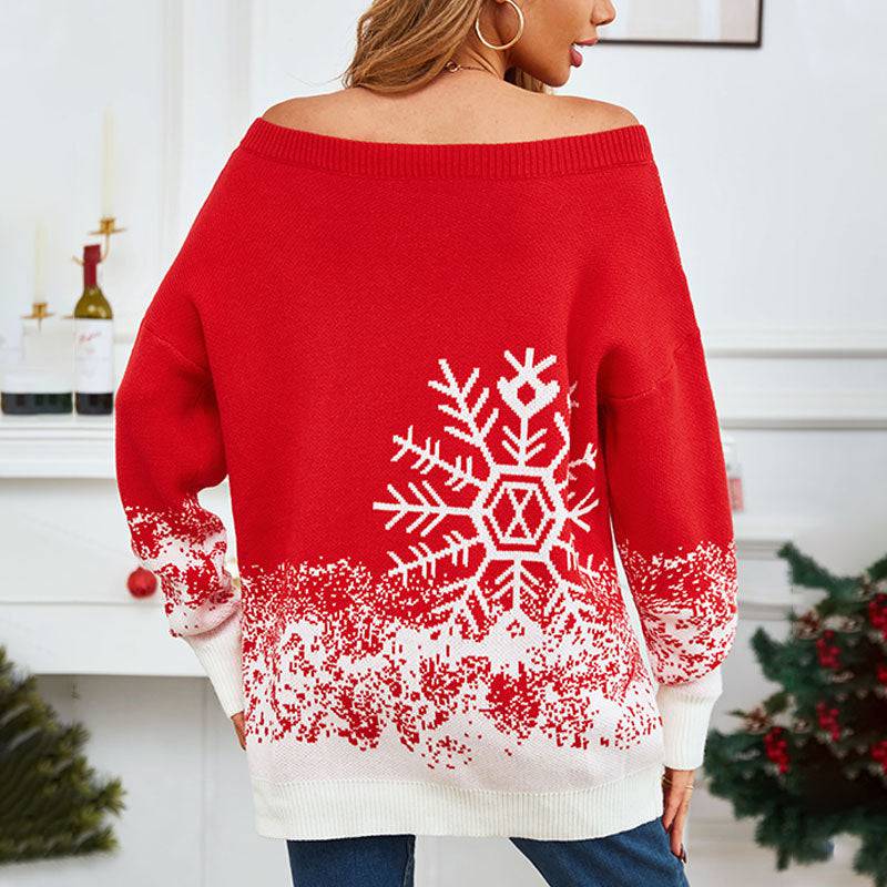 Chic Snowflake Off-Shoulder Christmas Sweater – Embrace Cozy Elegance! - All Inclusive Family Treasures