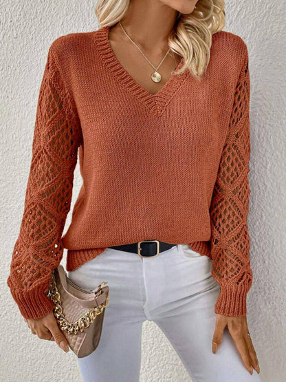 Elegant V-Neck Pullover Sweater – Hollow Long Sleeve Fashion Top for Women - All Inclusive Family Treasures