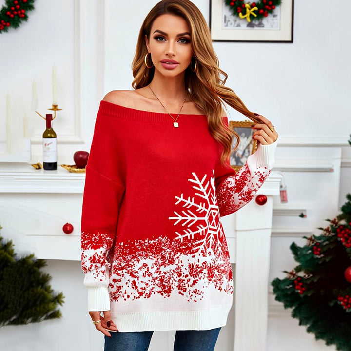 Chic Snowflake Off-Shoulder Christmas Sweater – Embrace Cozy Elegance!