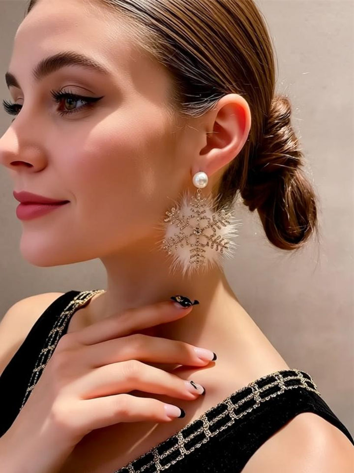 Elegant Snowflake Zircon Earrings with Pearl Accent – Festive Glam for the Holidays